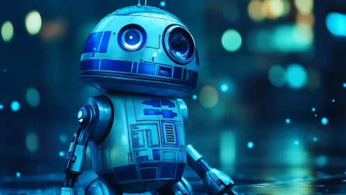 Cute blue robot stands on wet neon street at night.