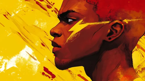 Voltage gaze in crimson and gold, a storm trapped mid-sprint.