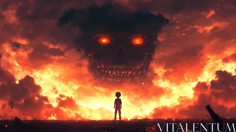 Child of embers facing a colossal skull in burning sky.