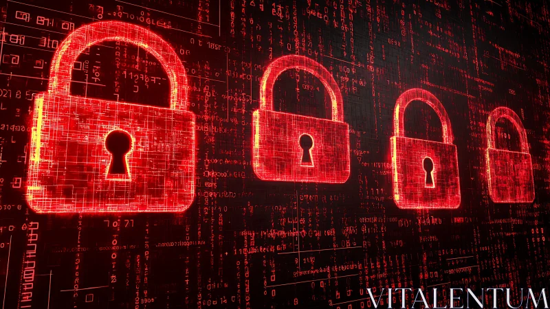Red digital padlocks over data stream symbolize cybersecurity.