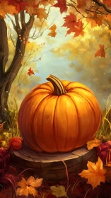 Autumn pumpkin still life on stump under glowing foliage.