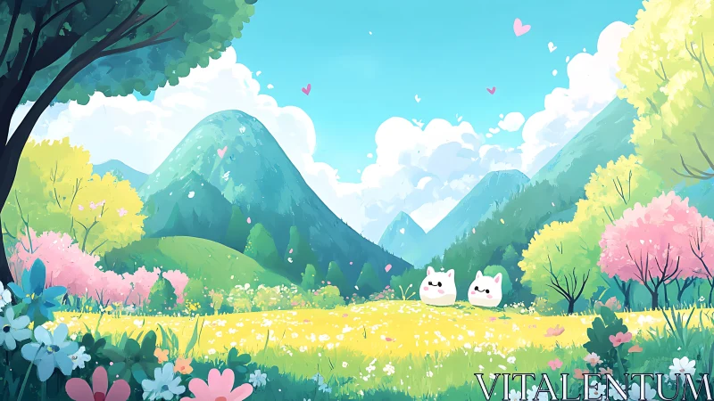 Cute white creatures in bright spring mountain meadow scene.