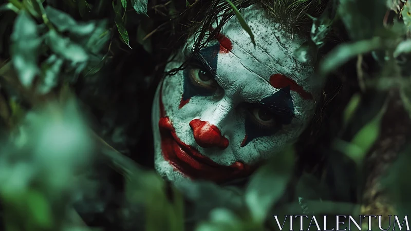 Clown face with smeared makeup framed by dense green foliage