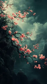 Moonlit cherry blossoms drifting over a misty mountain pool.