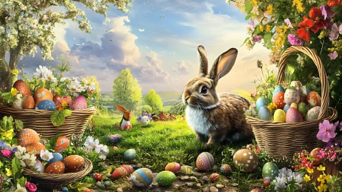 Spring meadow hare guarding rainbow baskets of Easter wonder.