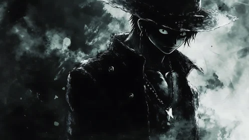 Shadowed anime gunslinger emerges from monochrome storm field