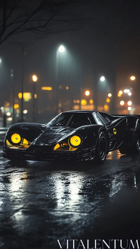 Futuristic black car is parked on a wet urban street