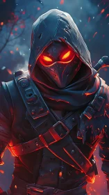 Ember-eyed rogue strides through a storm of drifting sparks