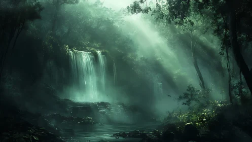 Enchanted Waterfall Deep in the Misty Forest.