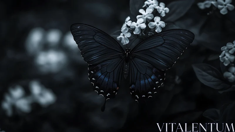 Nocturnal black butterfly macro on white garden blooms.