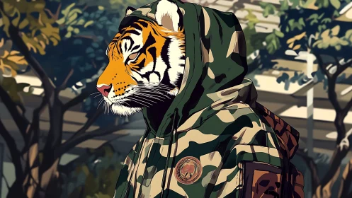 Tiger-headed figure in camouflage hooded jacket outdoors.