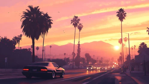 Low classic coupe cruises pastel palm-lined boulevard sunset