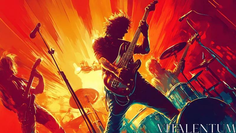 Electric rock band silhouette in vivid orange stage backlight