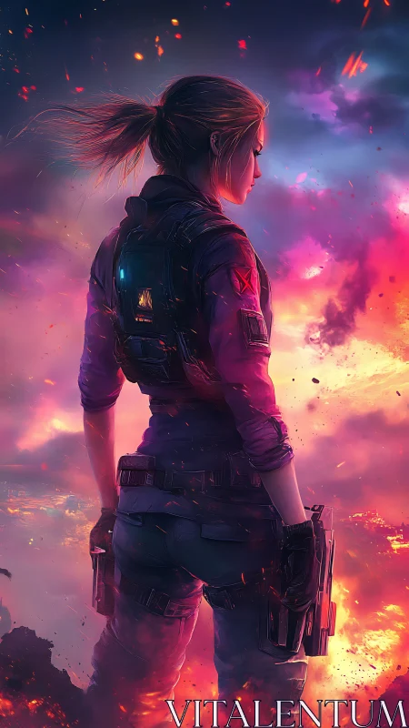 Armed female operative against neon stormy battlefield.