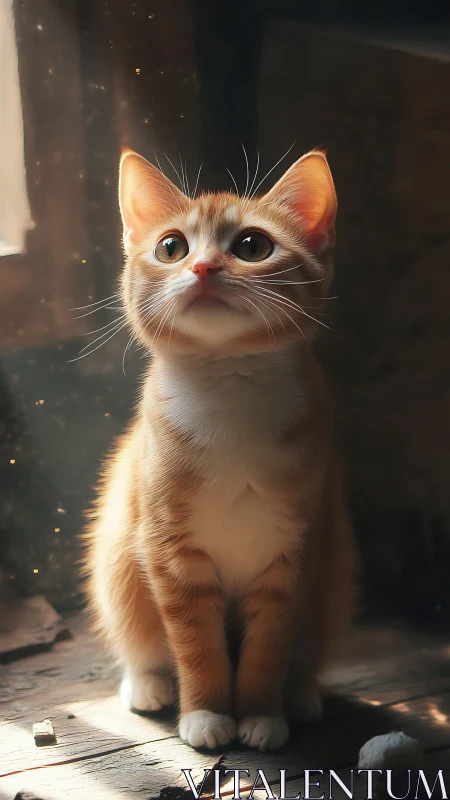Adorable Orange and White Kitten Sits Patiently in Warm Sunlight.