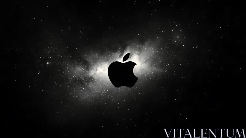 Silhouetted apple emblem rests against luminous starfield glow