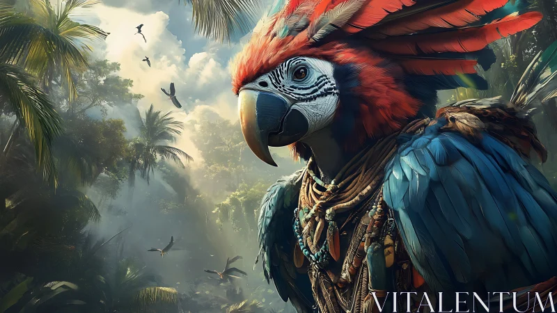 Regal tribal macaw stands watch over misty jungle canopy.