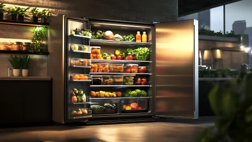 High-capacity LED refrigerator with organized produce storage.