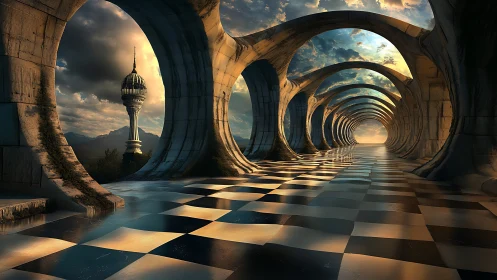 Sunlit archway tunnel over a dreaming chessboard horizon.