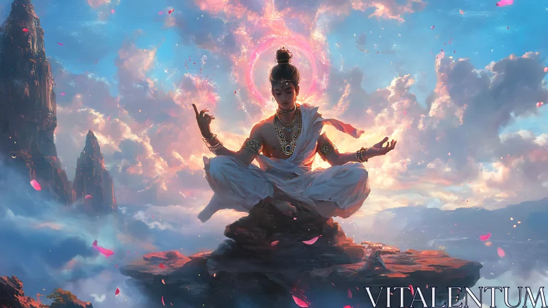 Celestial yogi levitating above clouds with radiant halo and petals