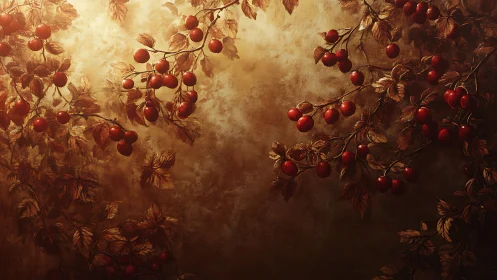 Autumn berry branches rendered with warm directional chiaroscuro