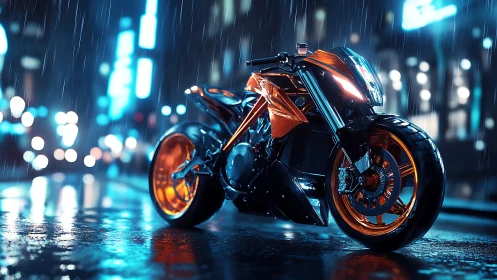 Motorcycle stands on wet urban street under night rainfall