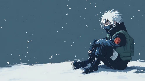 Masked ninja sits alone in falling snow under muted sky