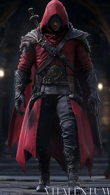 Hooded figure in red coat stands in detailed fantasy armor