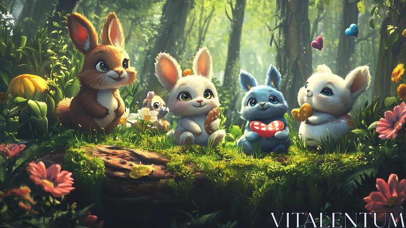 Cute forest bunnies sharing candy hearts on mossy log.