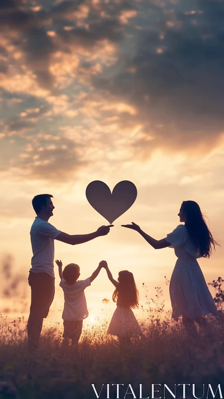 Family's Silhouetted Love Ritual Against Golden Hour Sky.