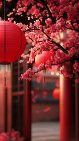 Red paper lanterns among pink blossoms in courtyard setting.