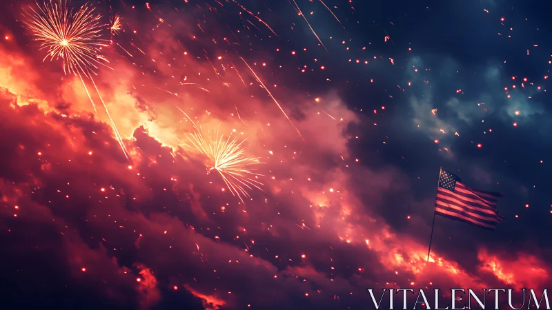 U.S. flag silhouettes against dense fireworks plume and glowing cloud deck
