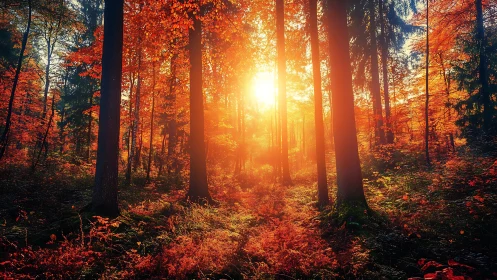 Magical Autumn Forest Glowing with Warm Sunset Light.