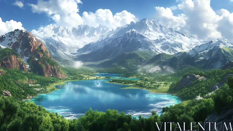 Sunlit alpine lake beneath vast snow crowned peaks.