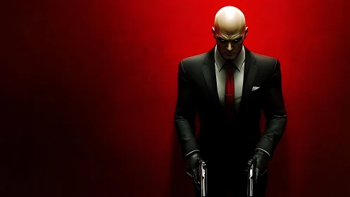 Bald suited hitman with dual pistols on red backdrop.