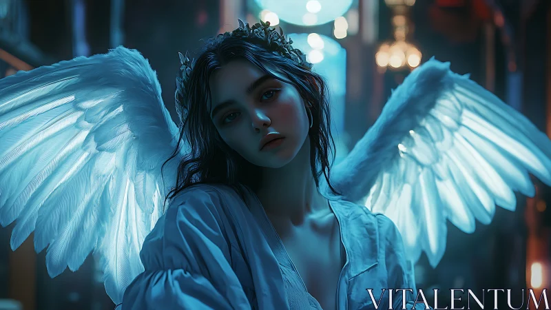 Bioluminescent angelic portrait with backlit wings, cobalt bokeh