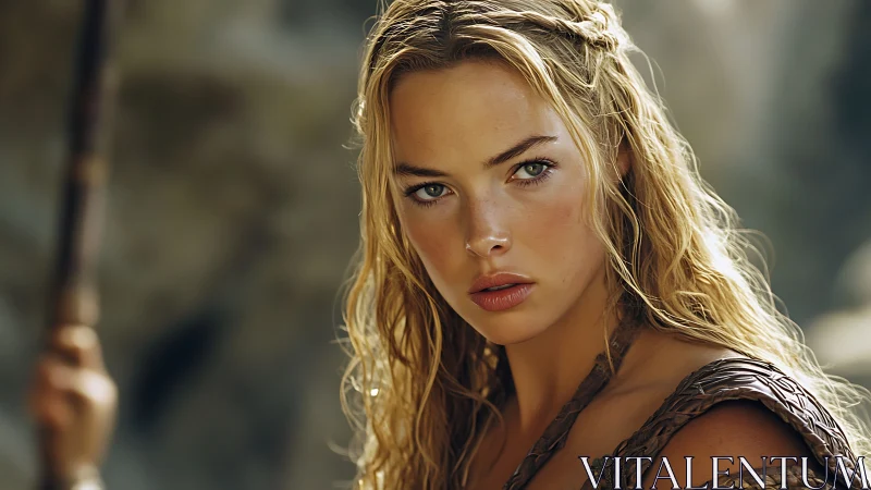 Warrior woman portrait in golden backlight, braided hair study.