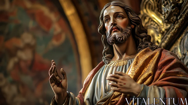 Religious sculptural figure with raised hands in ornate setting.
