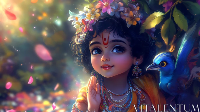 Divine child portrait with floral crown and blue bird companion.
