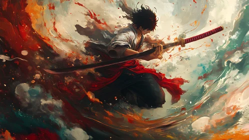 Samurai swordsman in swirling abstract painted environment.
