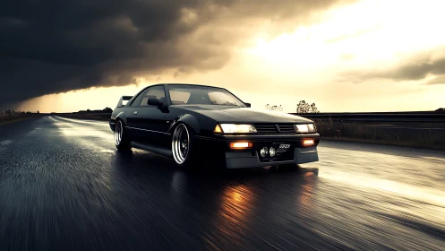 Retro sports coupe powers through stormlit wet highway.
