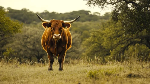 Longhorn cow standing in sunlit rural grassland meadow.