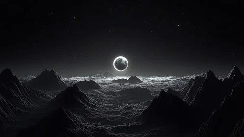 Quiet moonrise over silver alien mountains at night.