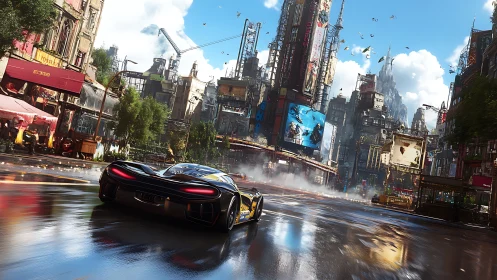 Futuristic sports car on wet street in dense cityscape.