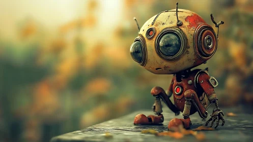 Melancholic toy robot sits on ledge in soft autumn bokeh.