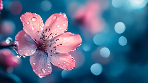 Pink Flower Petals with Water Droplets Against Blue Background