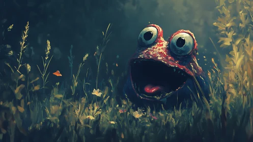 Whimsical red frog creature laughs within a twilight meadow