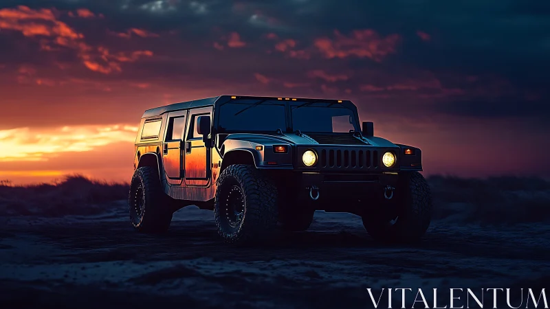 Off-road truck stands bold against fiery sunset sky.