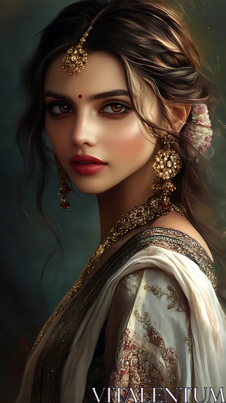 Gilded gaze of a regal muse in embroidered twilight silk.