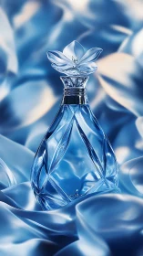 Crystal perfume flacon amid luminous satin waves.